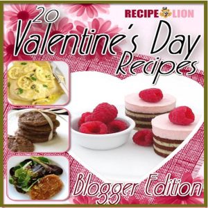 Cover of the eBook “20 Valentine’s Day Recipes – Blogger Edition” featuring chocolate raspberry desserts, pancakes, and elegant dishes on a pink floral background.