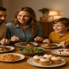 A happy family enjoying an elegant dinner with delicious dishes, small desserts, and refreshing drinks in a warm, cozy home setting.