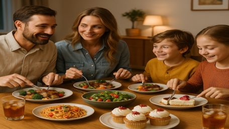A happy family enjoying an elegant dinner with delicious dishes, small desserts, and refreshing drinks in a warm, cozy home setting.