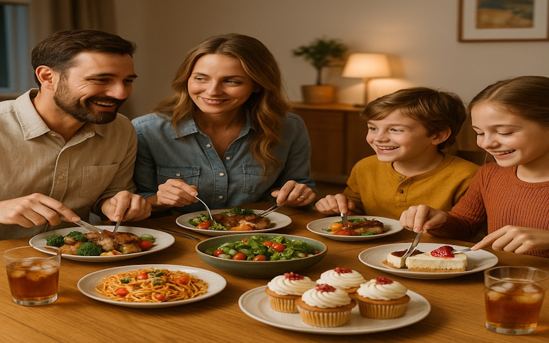 A happy family enjoying an elegant dinner with delicious dishes, small desserts, and refreshing drinks in a warm, cozy home setting.