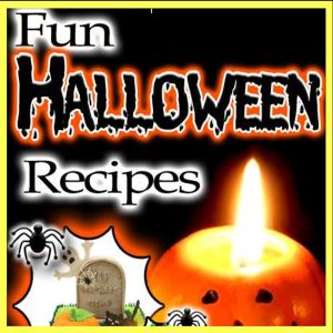 Cover of the eBook “Fun Halloween Recipes” featuring a glowing candle shaped like a pumpkin and spooky decorations.