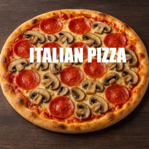 Authentic Italian pizza topped with pepperoni, mushrooms, and melted cheese, centered on a rustic wooden table.
