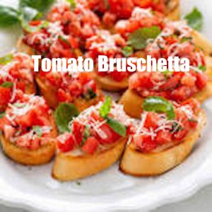 Plate of classic tomato bruschetta topped with diced tomatoes, basil, and grated cheese on toasted bread slices.